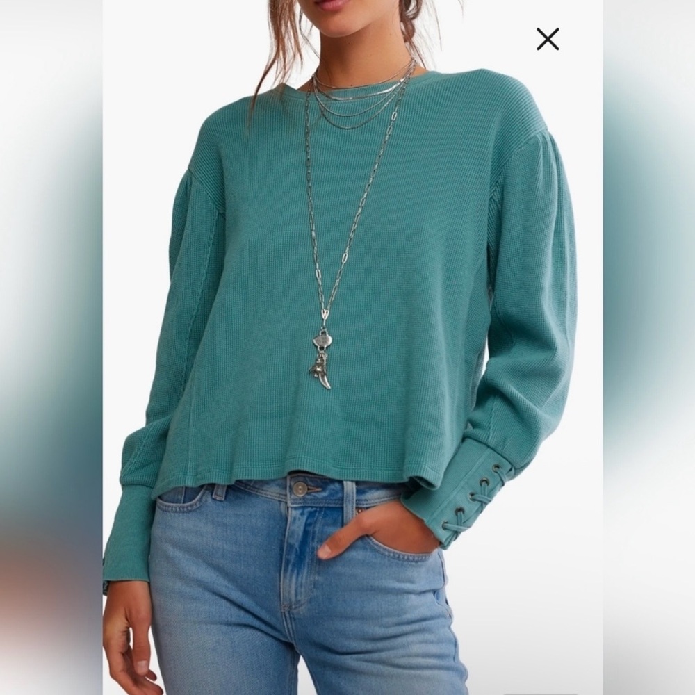 Free People Lapis Cuff Waffle Knit Top In Cypress- Large
